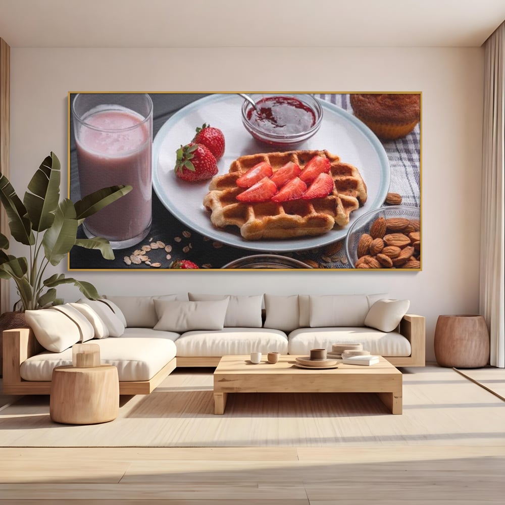 Tablou canvas cu tablou canvas cu mic dejun bogat, in rama de aluminiu auriu, pe perete intr-un living